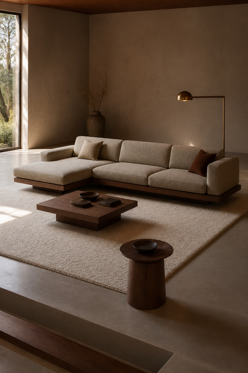 Sectional sofa floated away from both the walls and the step edge in a sunken living room, with open floor space around it