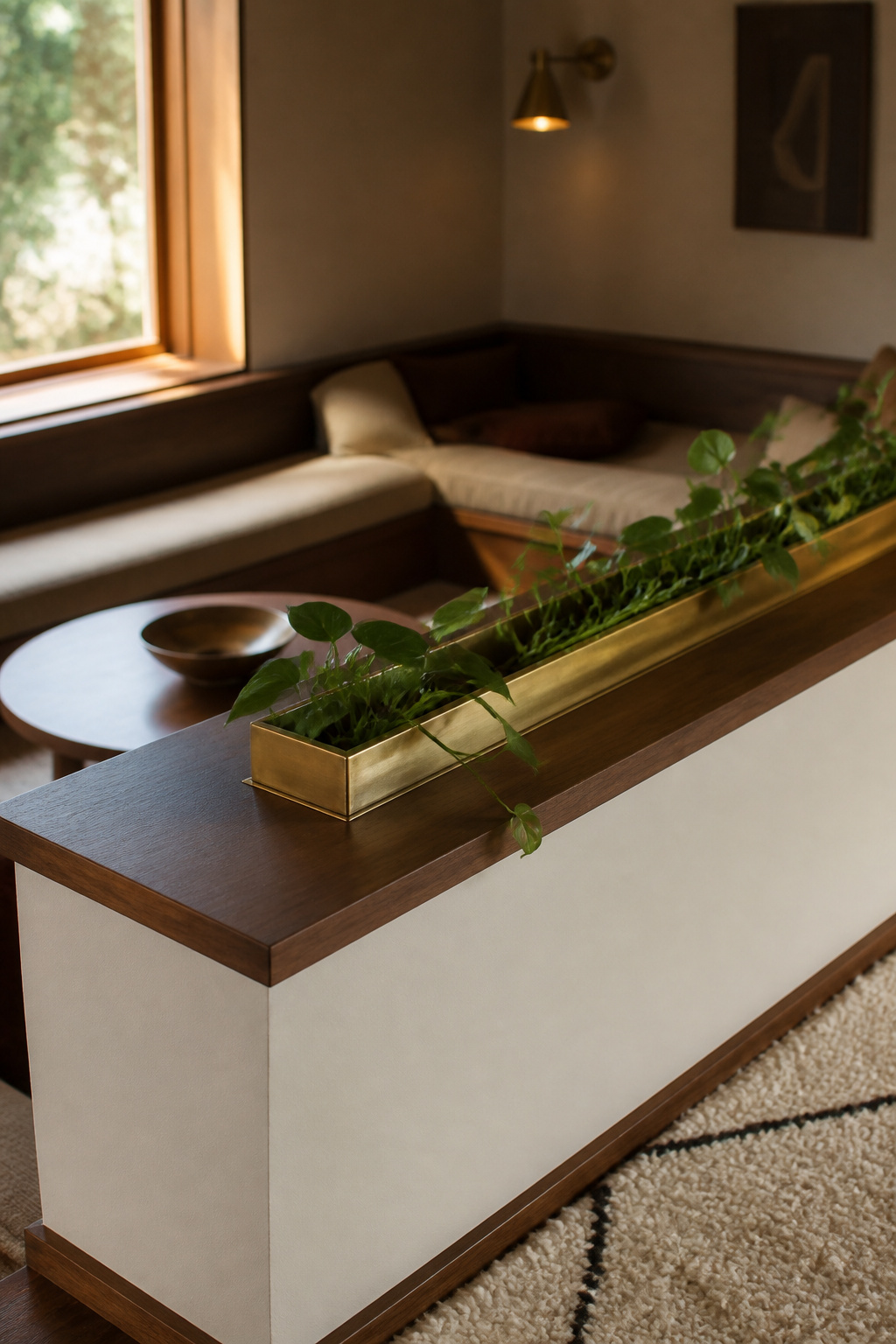 Walnut-capped half-wall with a brass planter trough along a sunken living room's step edge
