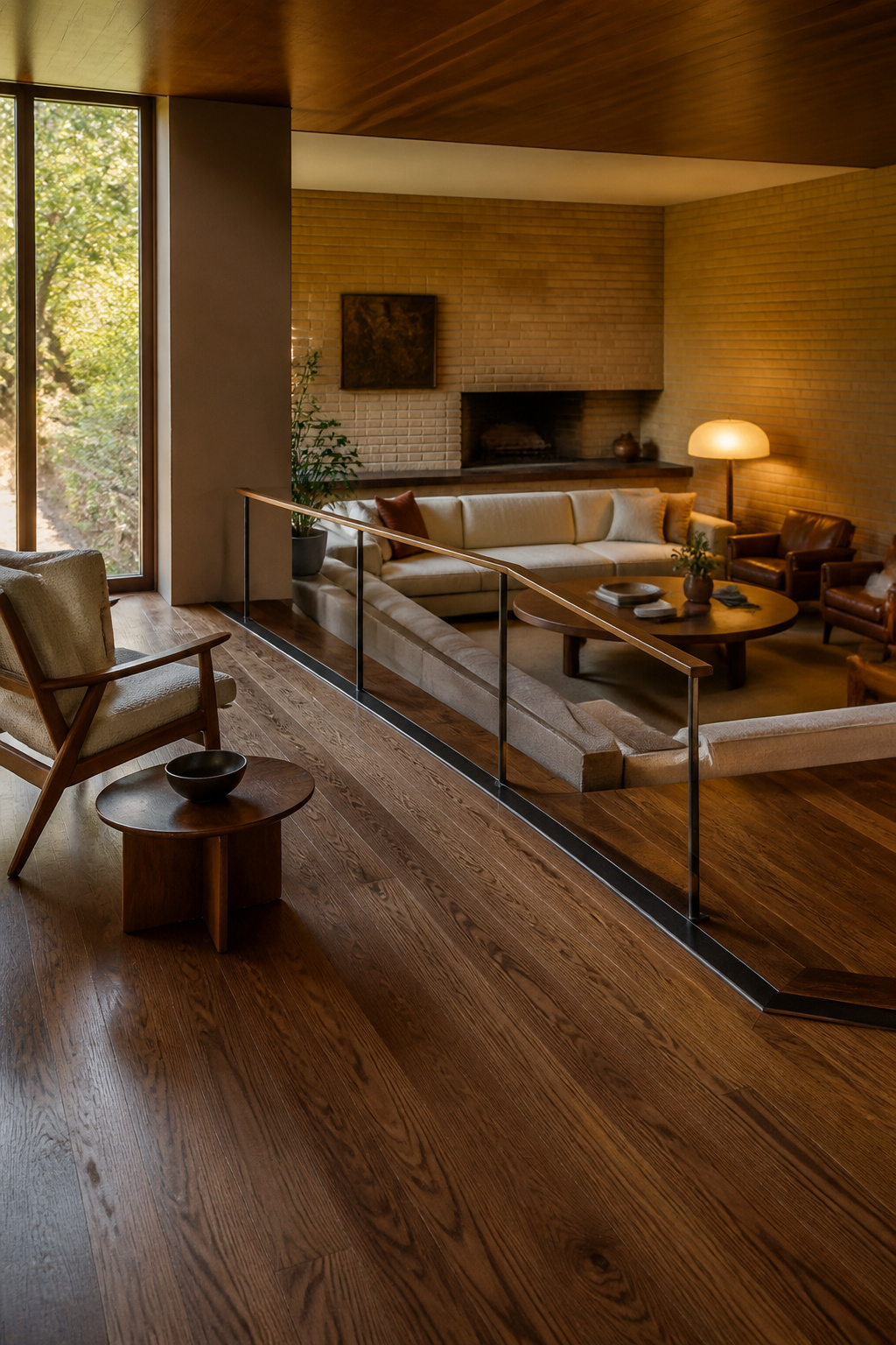 Wide view of a sunken living room showing the step down from the raised floor, a low rail at the edge, and seating below