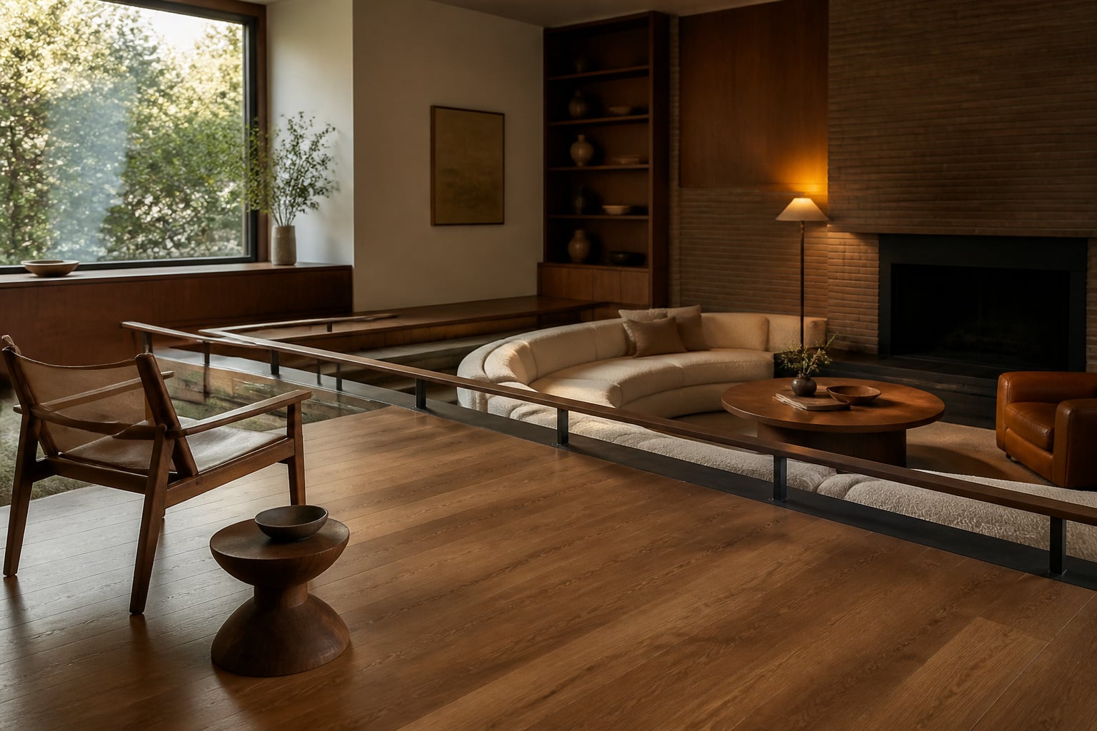 Wide view of a sunken living room showing the step down from the raised floor, a low rail at the edge, and seating below