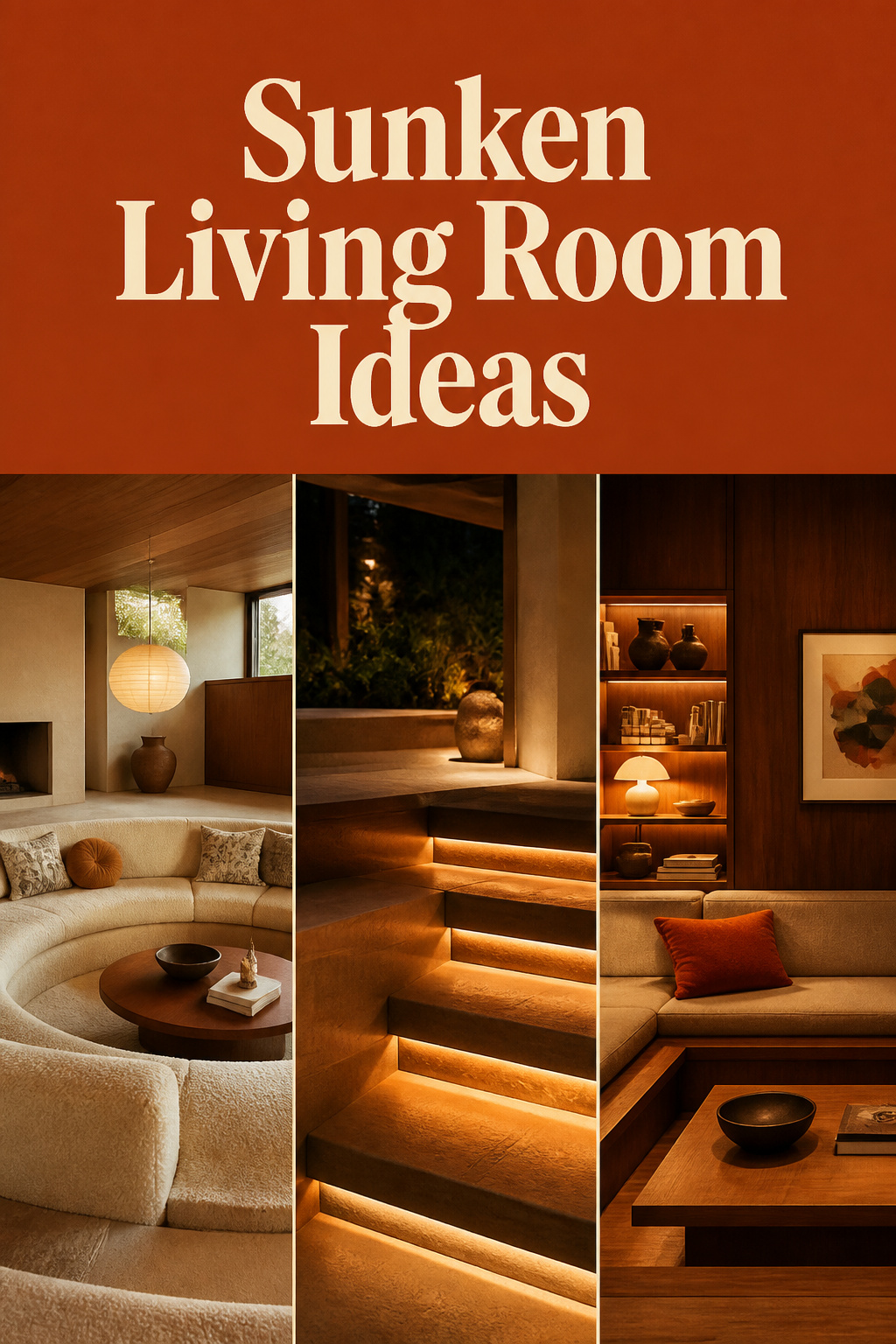 Pinterest pin collage of sunken living room ideas: a bouclé conversation pit, glowing step lighting, and a mid-century styled lounge