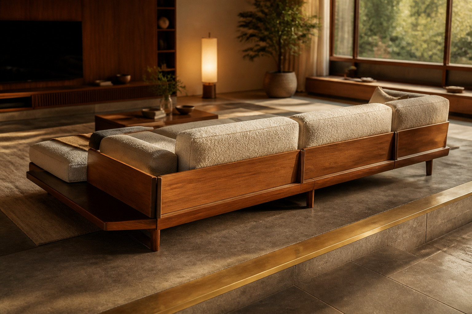 Low modular sectional in cognac leather and bouclé floating back from the step edge of a sunken living room
