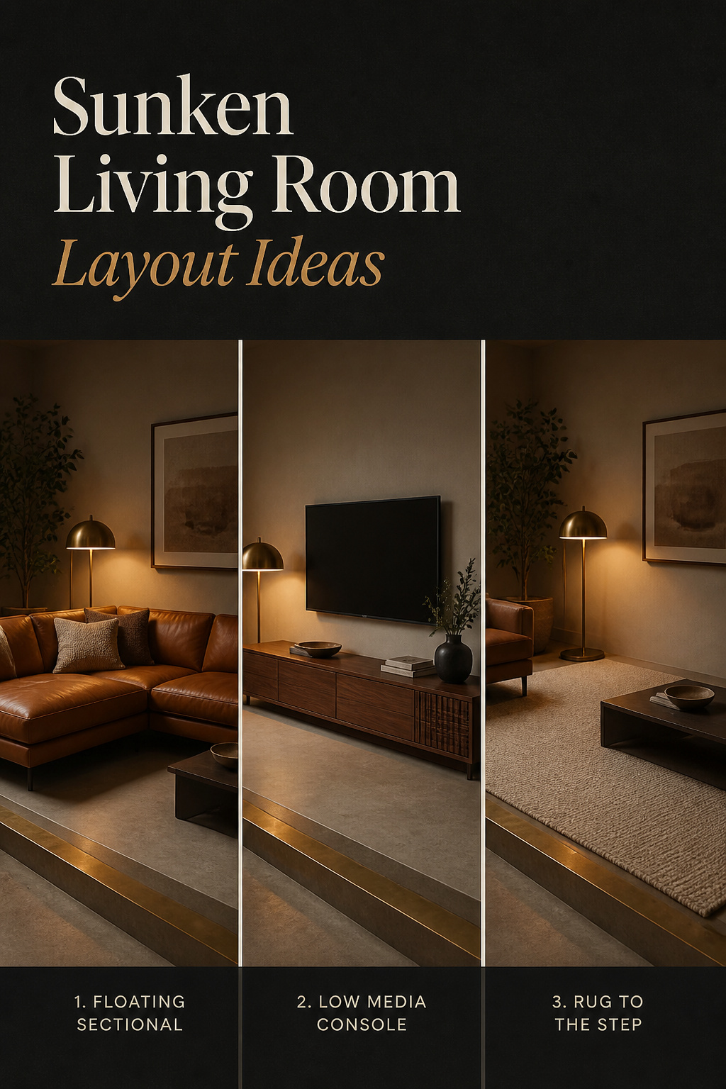 Three-panel Pinterest pin showing a floating sectional, low-mounted TV, and sized rug in a sunken living room layout