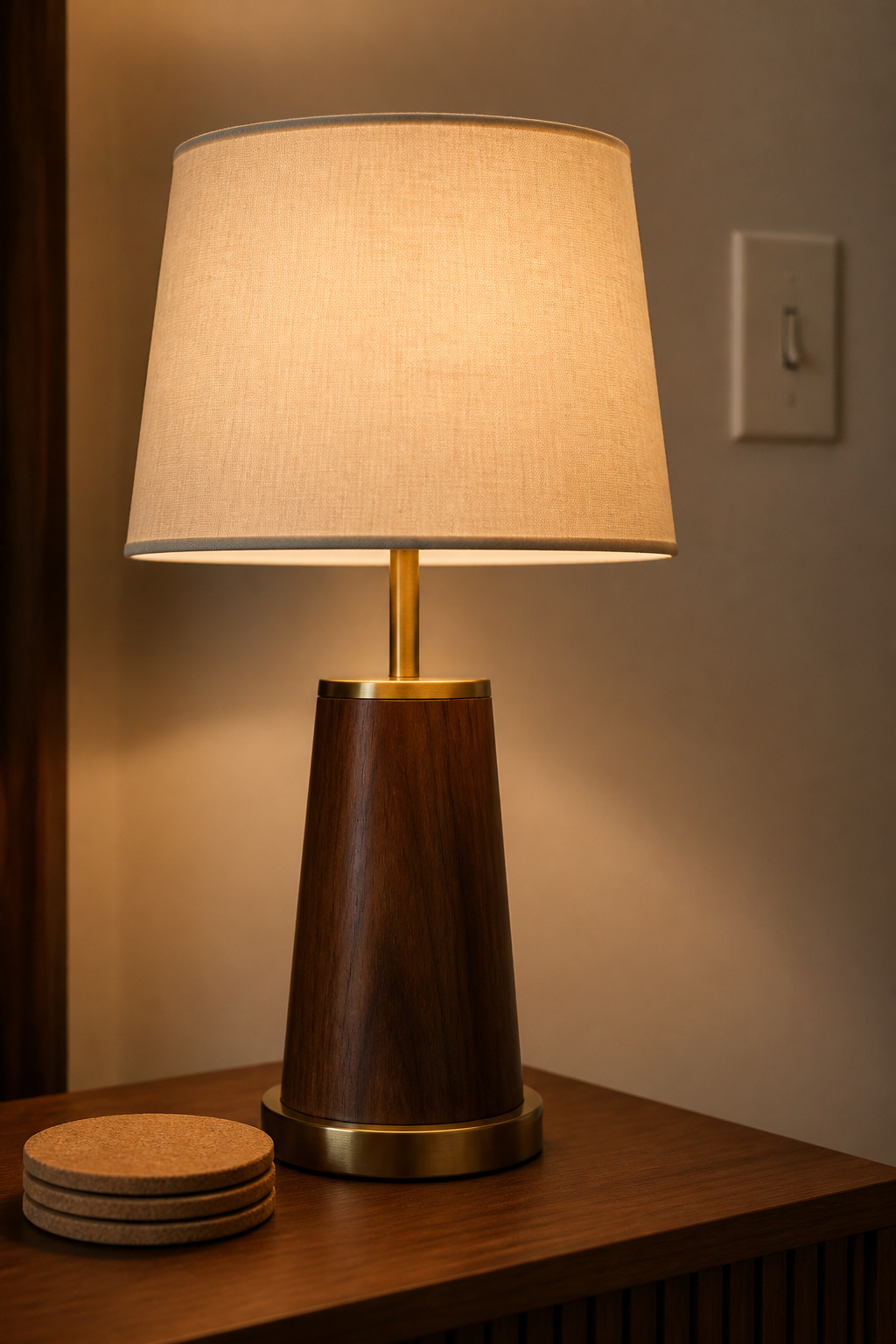 Simple walnut and brass table lamp beside a dimmer switch plate, representing budget-conscious sunken living room lighting choices