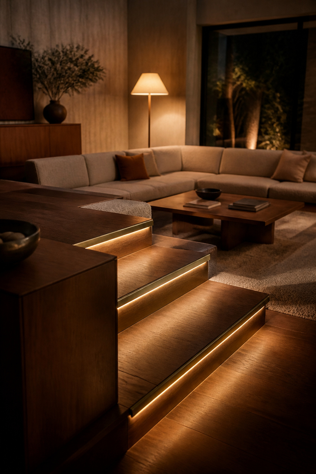 Sunken living room at night with brass step lights glowing along the edge of the lower seating pit