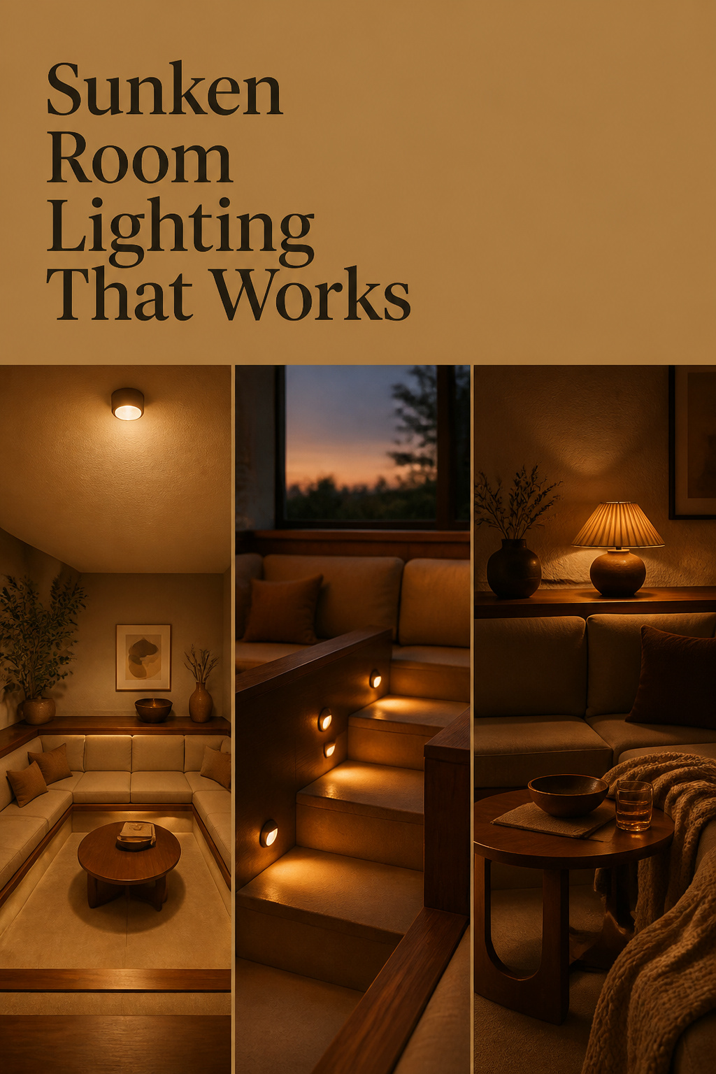 Pinterest pin showing three views of sunken living room lighting: overhead glare, step lights, and a dimmed evening scene