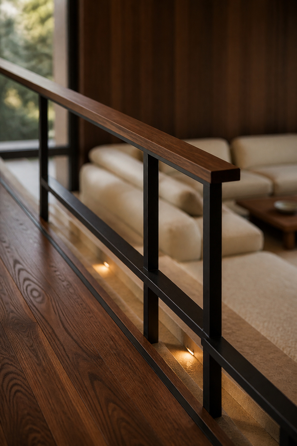Low-profile blackened steel railing with a walnut cap rail tracing the edge of a sunken living room