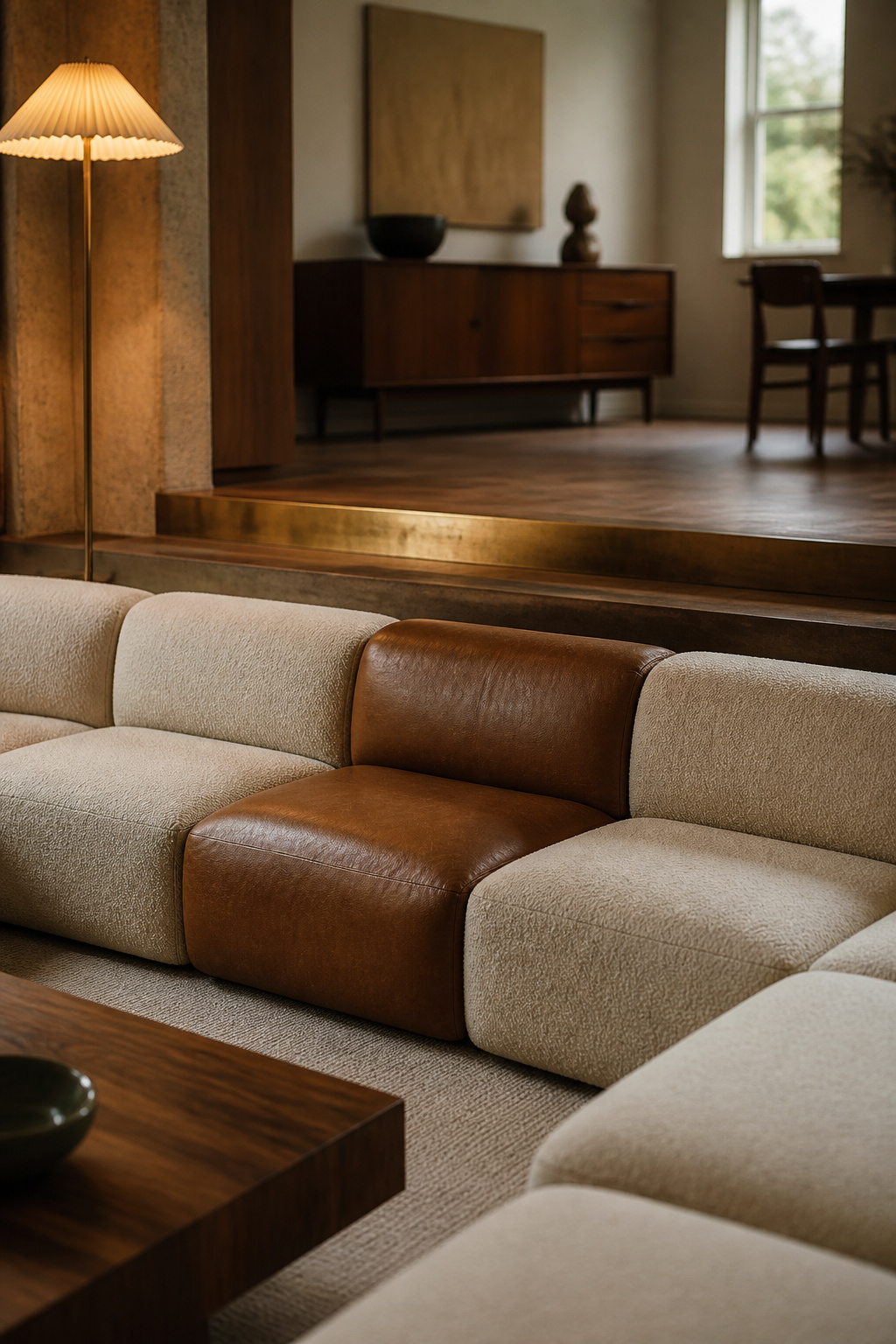 Low-profile modular sectional in wool bouclé arranged in a U-shape to match a sunken living room's pit footprint