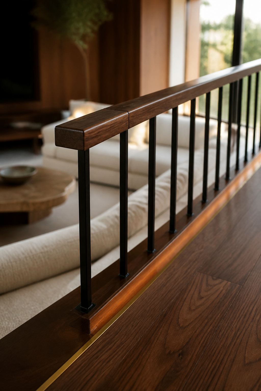 Low-profile blackened steel railing with a walnut cap rail tracing the step edge of a sunken living room