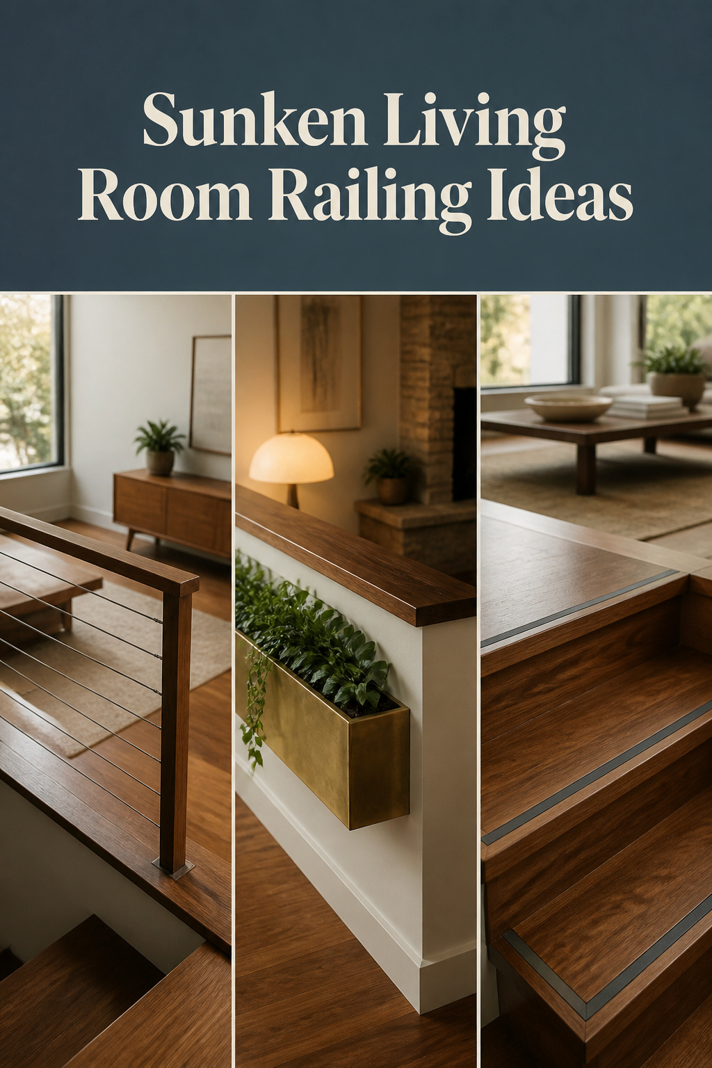 Pinterest pin collage of sunken living room railing ideas: a cable rail, a planter half-wall, and a contrast-marked step edge
