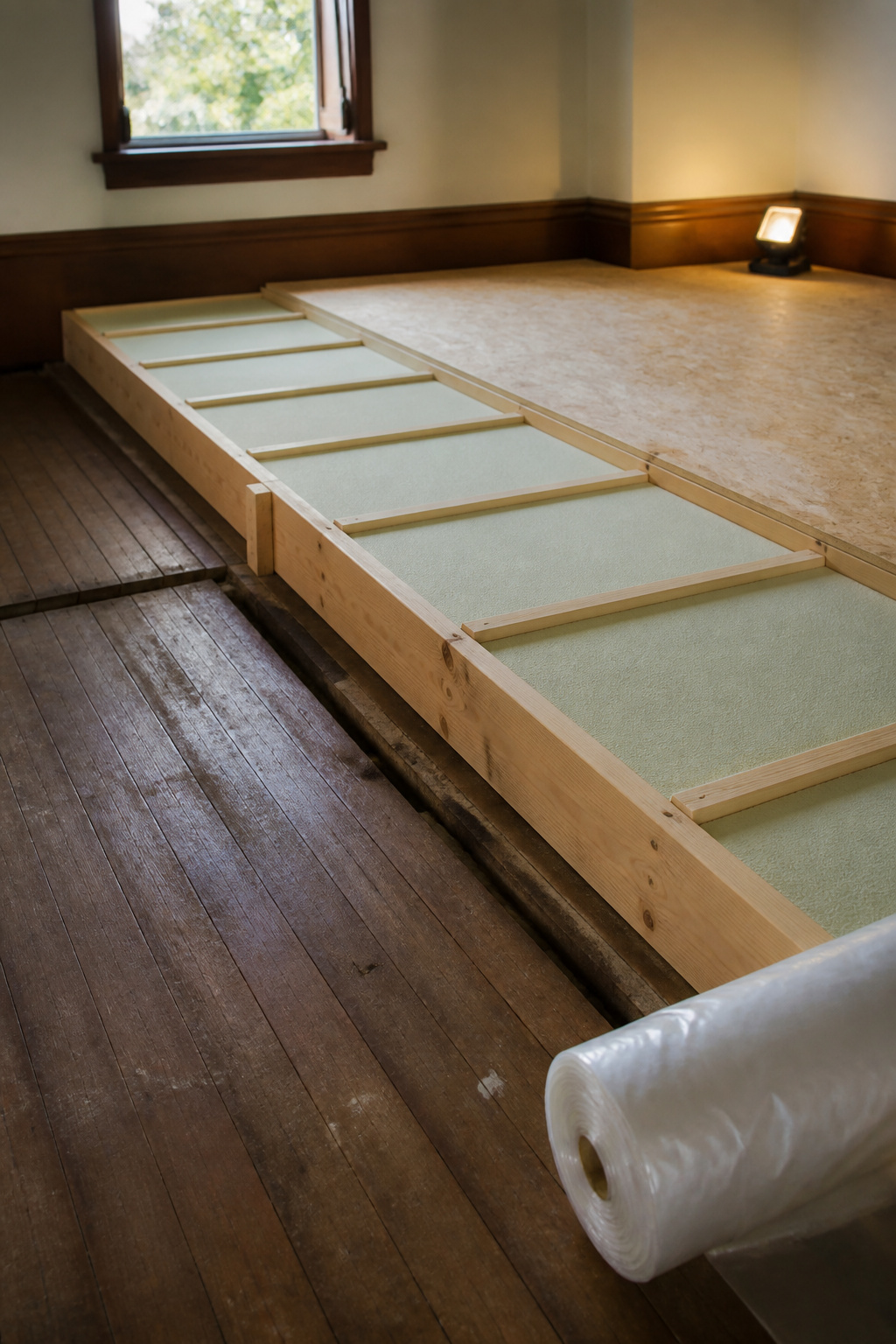 Sleeper joists and subfloor framing raising a sunken living room floor back to level