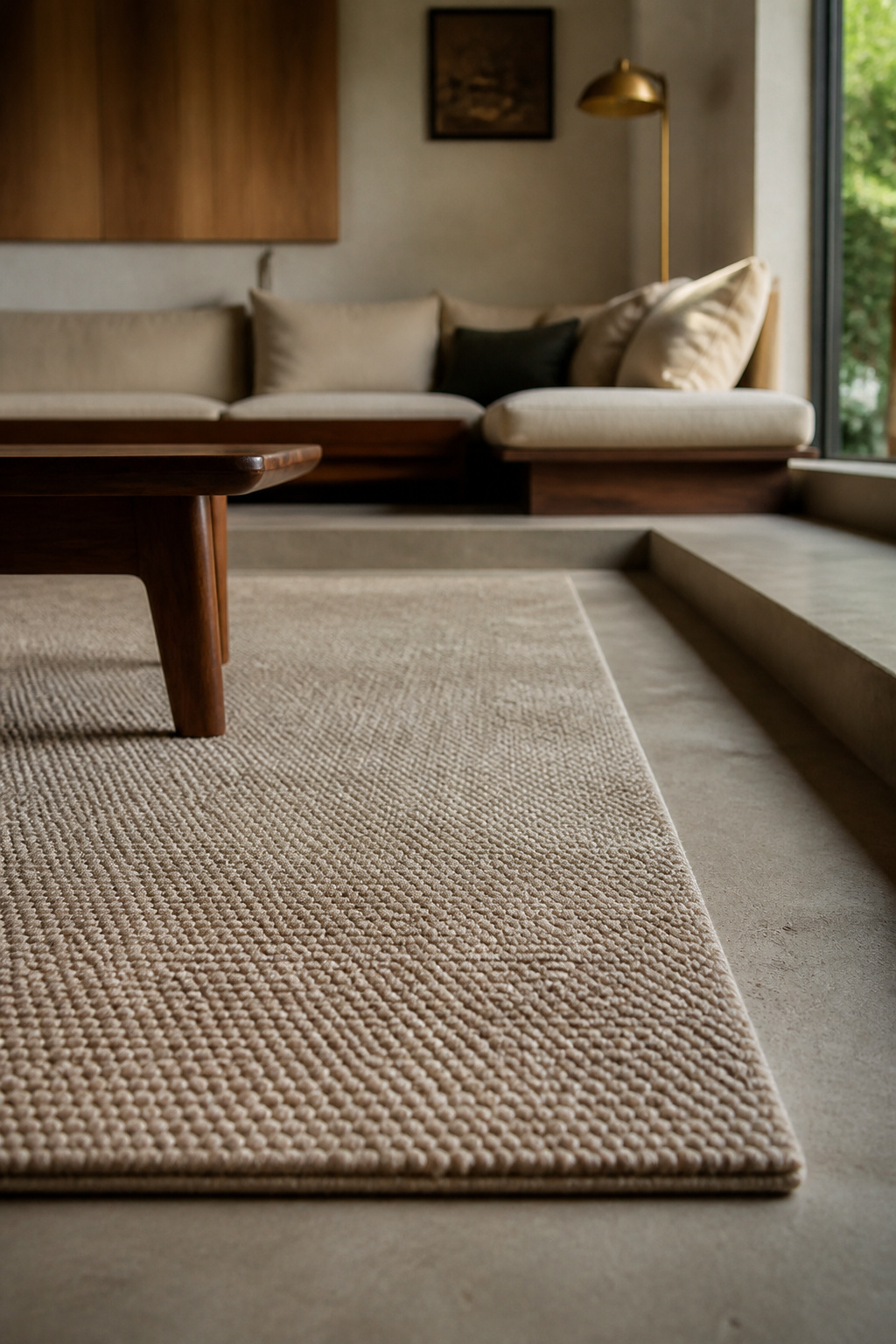 Low-pile wool rug filling a sunken living room's lower level, its edge stopping cleanly before the step