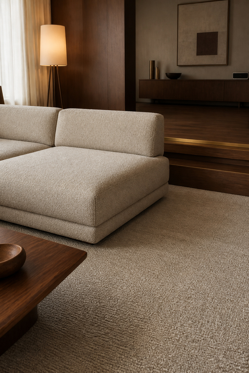 Oatmeal bouclé sectional set back from a sunken living room's step edge on a wool rug