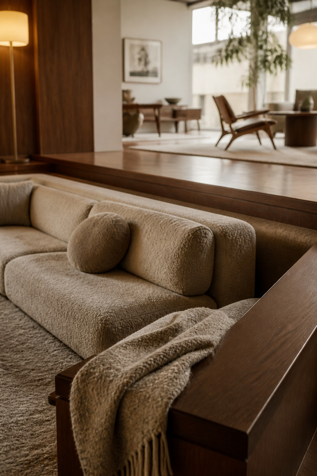 Existing sunken living room step edge with bouclé seating in the lower level, before a decision to raise the floor