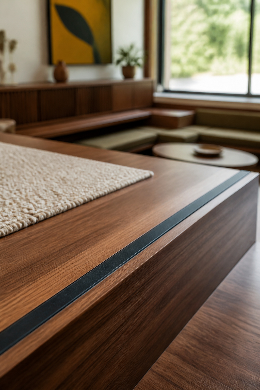 Walnut step edge inlaid with a charcoal contrast strip in daylight in a sunken living room