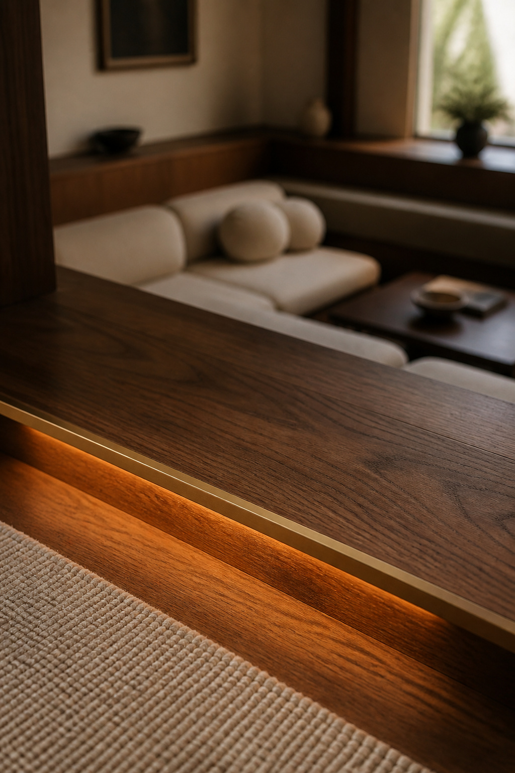 Walnut step with brass edging marking the drop into a sunken living room