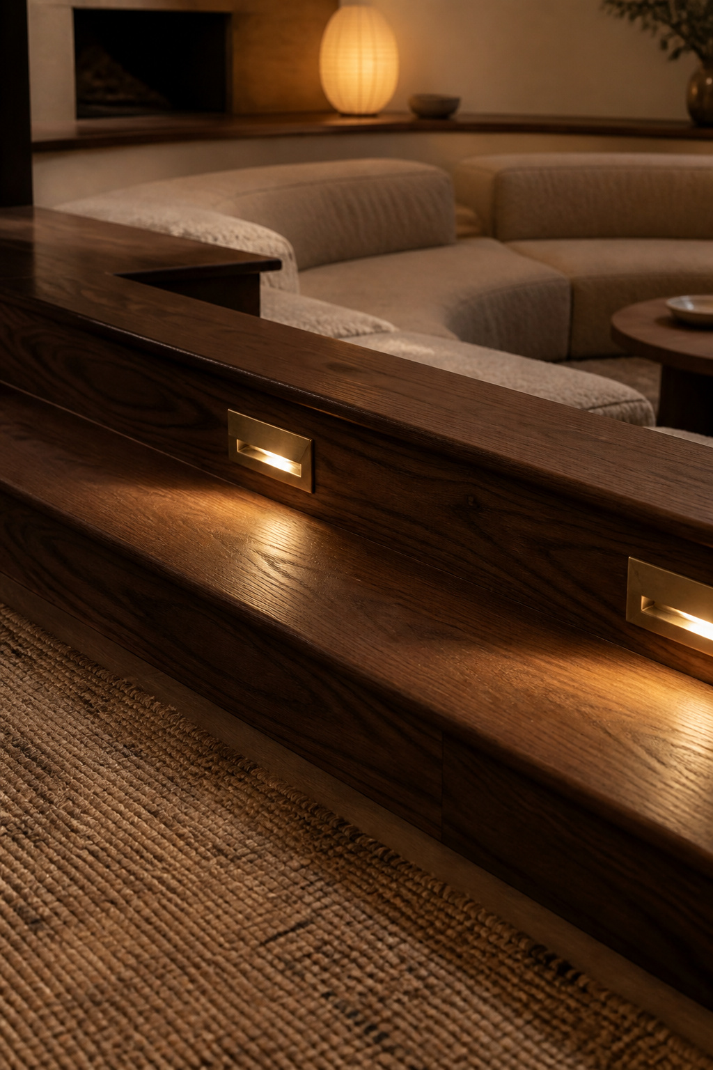 Aged brass recessed step lights set into the riser of a sunken living room, illuminating the tread edge