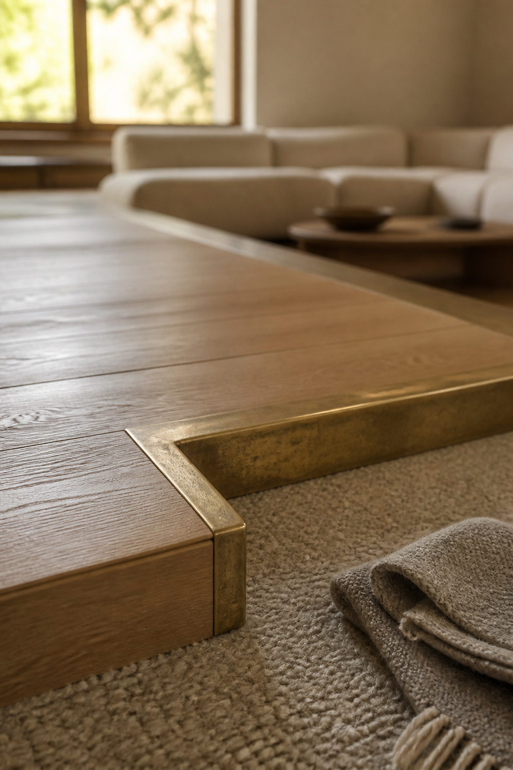 Aged brass step edge trim marking the transition between a sunken living room's upper and lower floor levels