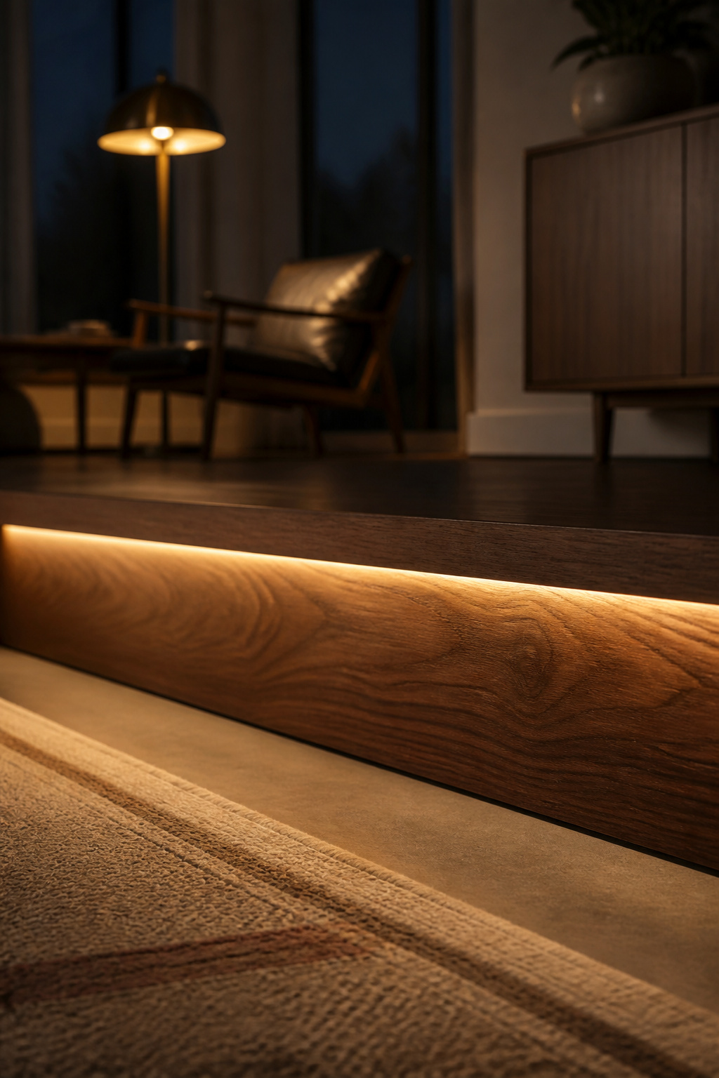 Warm step lighting recessed beneath a walnut stair nosing in a dusk-lit sunken living room