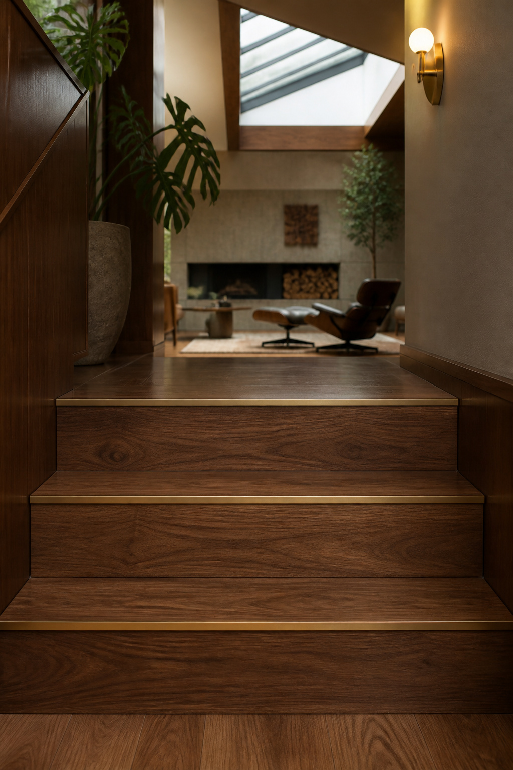 Three wide walnut steps with brass nosing strips leading down into a sunken living room