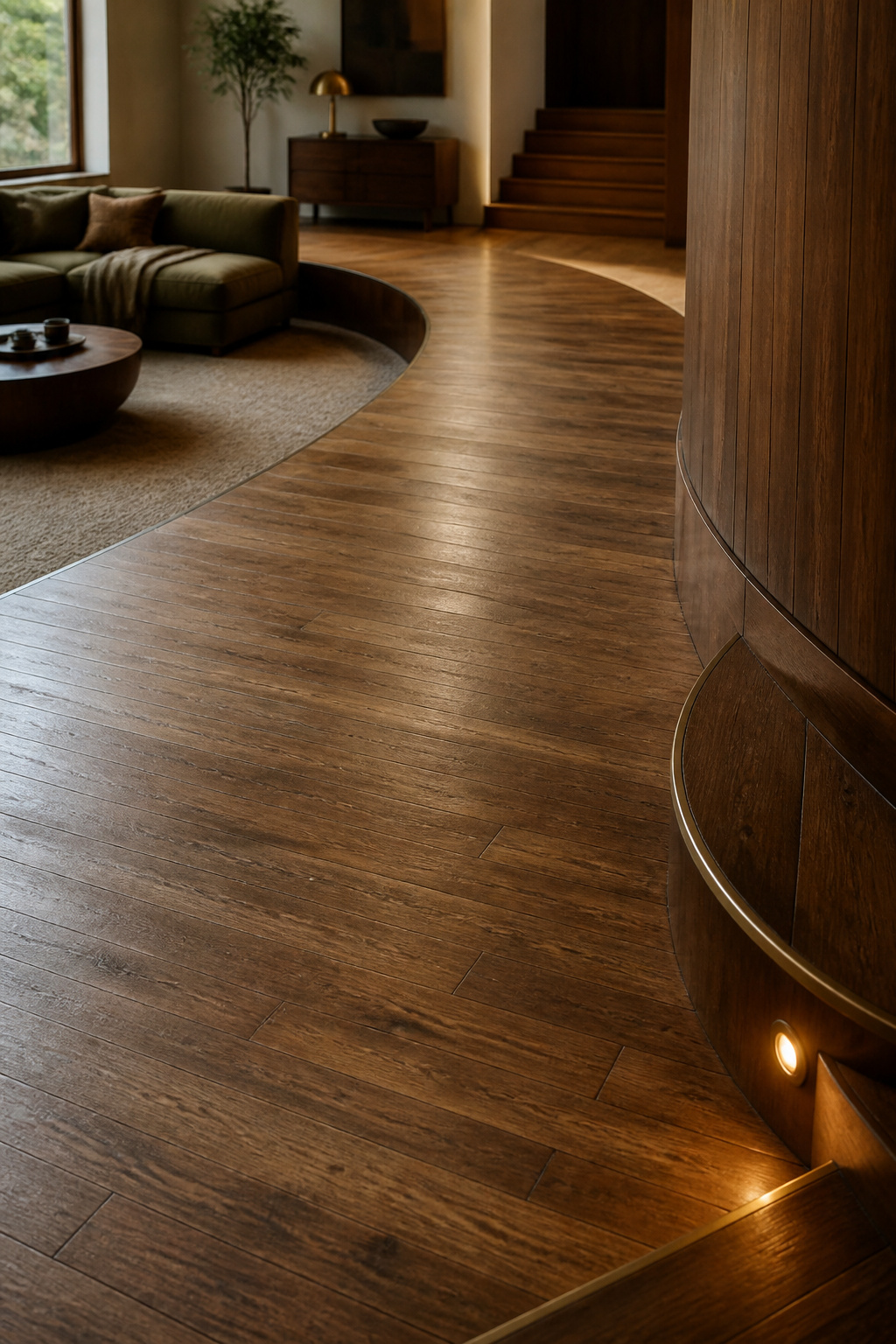 Clear walking path curving around a sunken living room's seating area toward the step edge