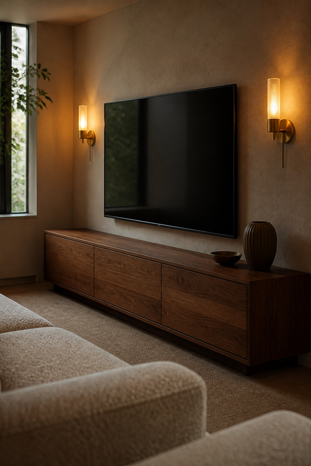 Wall-mounted TV set at a low seated eyeline above a walnut console in a sunken living room