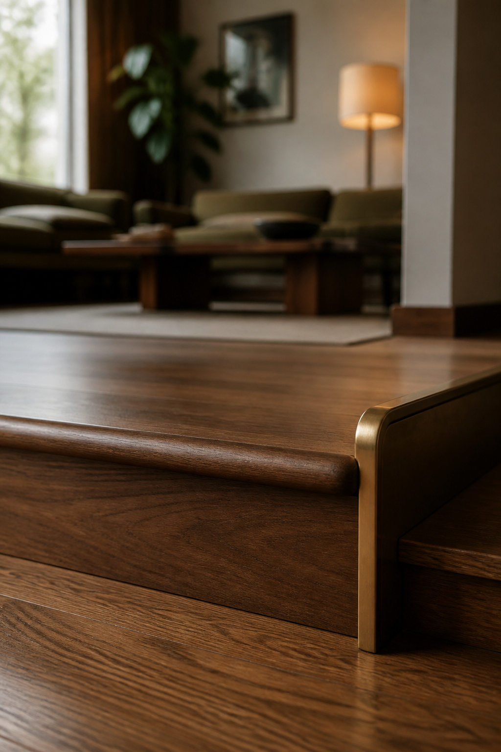 Wide, shallow walnut step with a rounded bullnose edge and a low brass handrail cap in a sunken living room