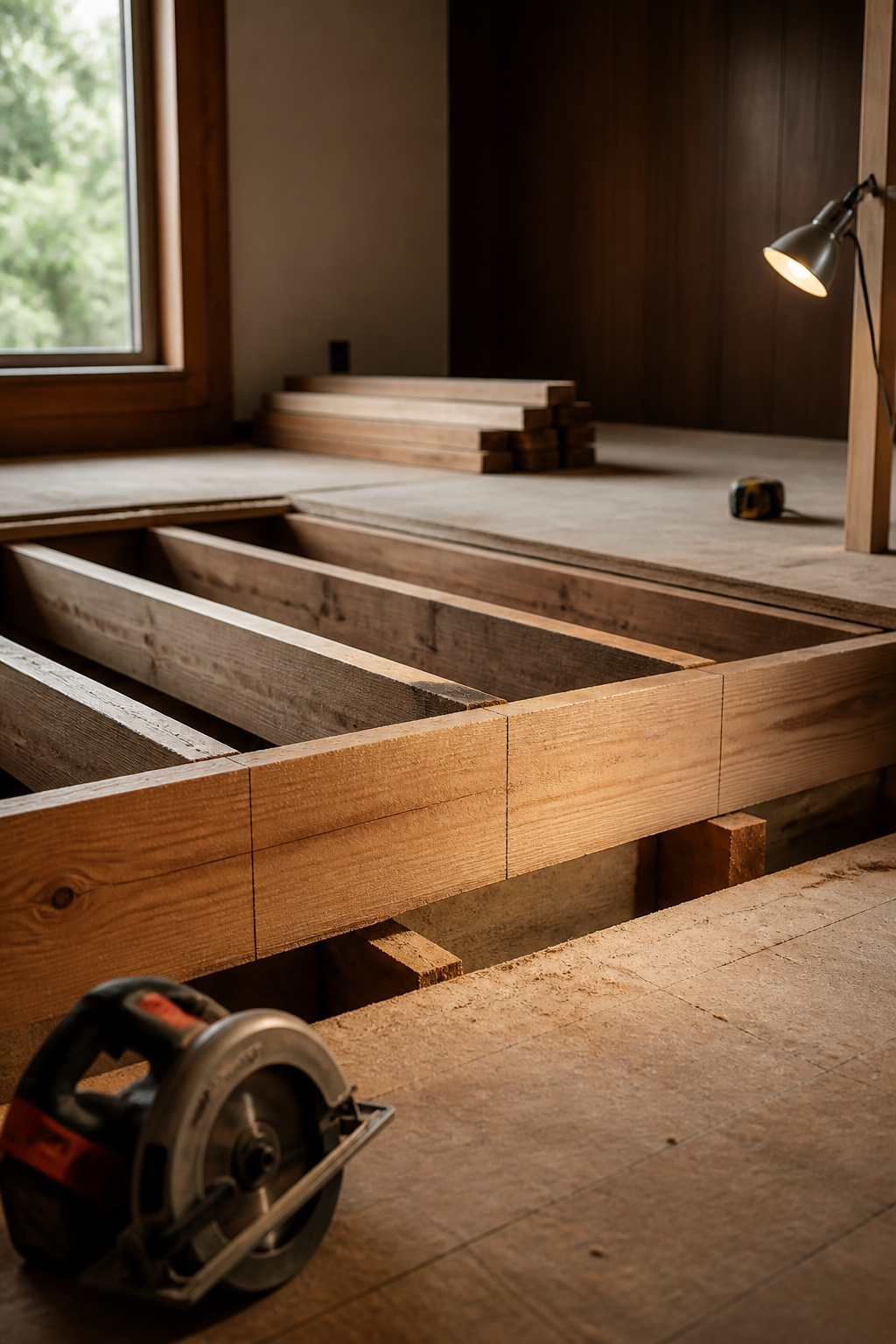 Close-up of exposed floor joists cut for a sunken living room floor drop with a circular saw resting nearby
