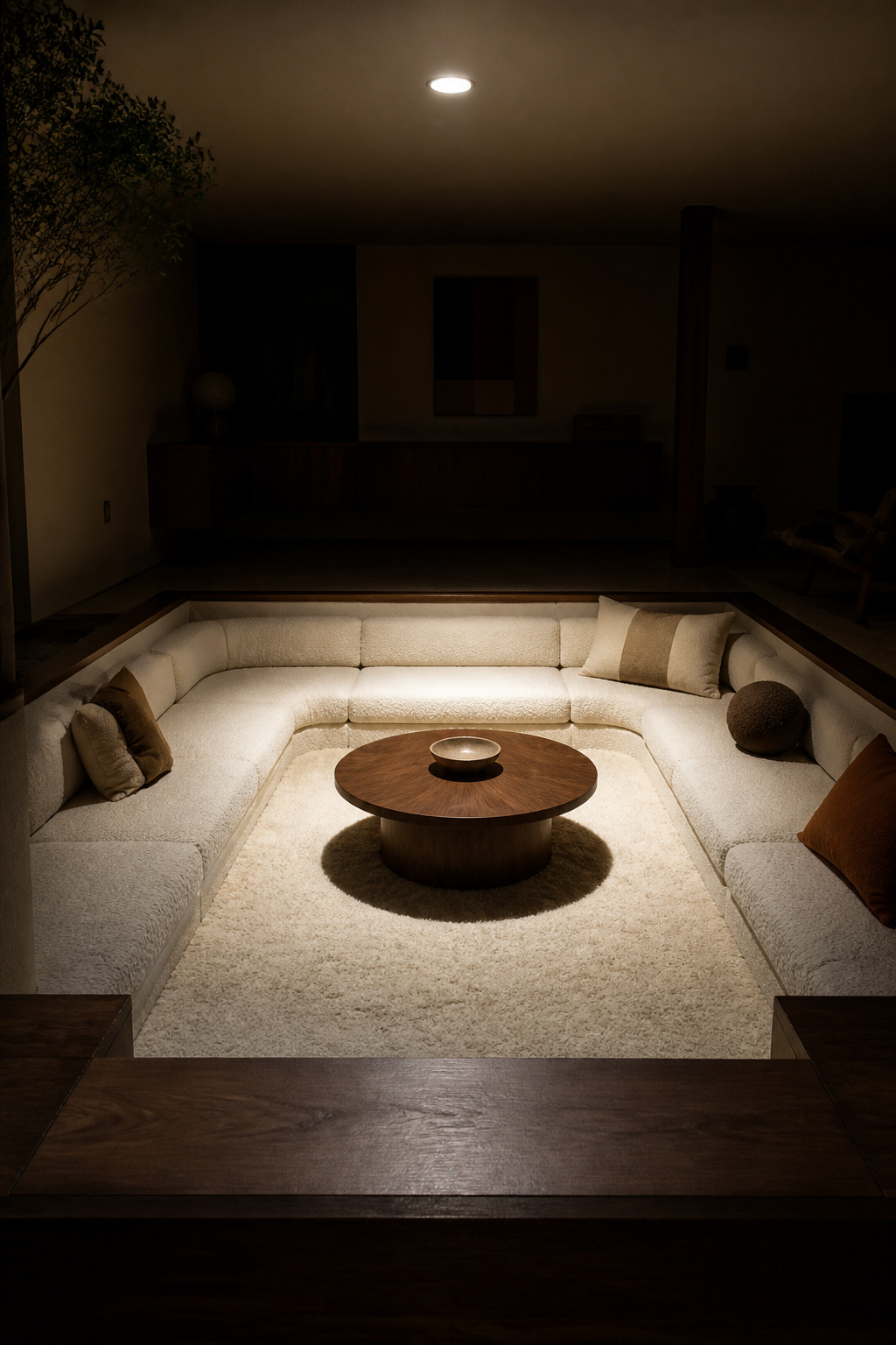 Sunken living room pit lit only by a single harsh overhead downlight, casting flat shadows