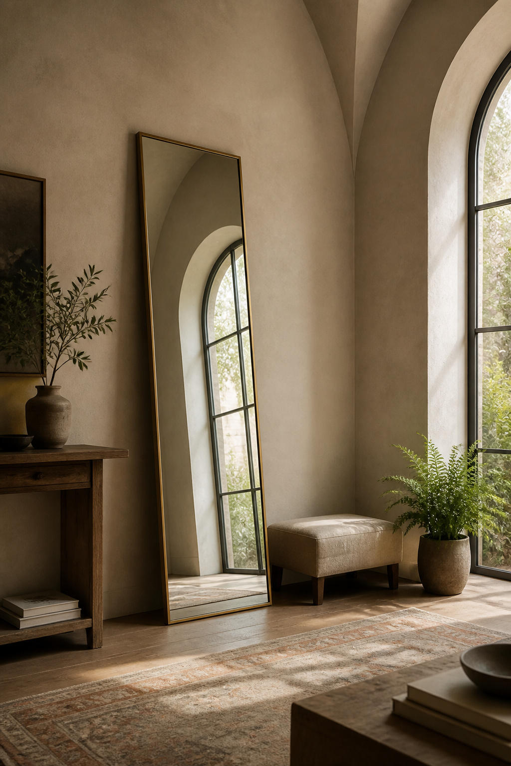Tall slim brass-framed floor-length mirror leaning against vaulted room wall, reflecting window and doubling natural light