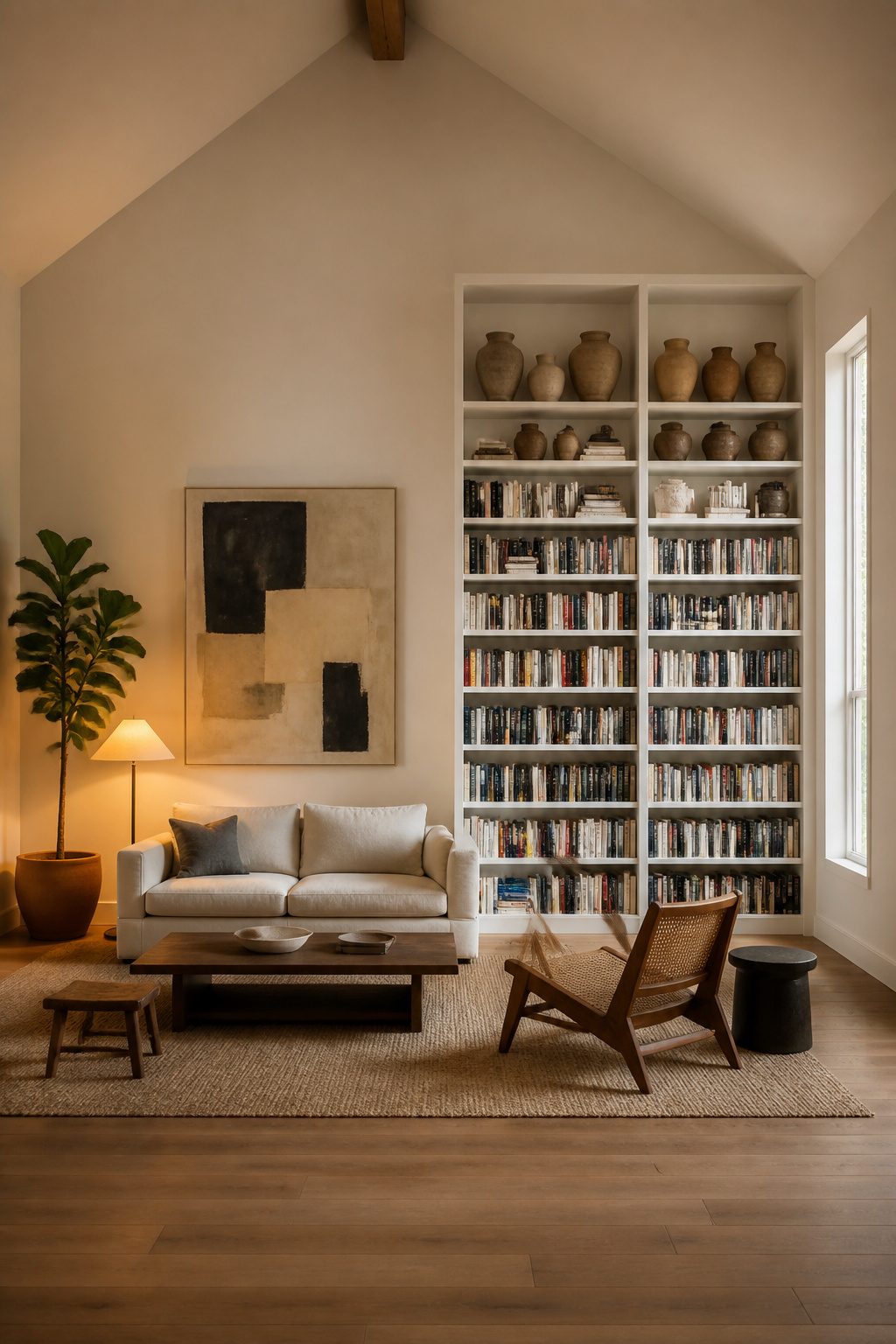 Vaulted ceiling living room with floor-to-ceiling bookcase, oversized canvas art, and tall fiddle-leaf fig showing three approaches to tall wall decor