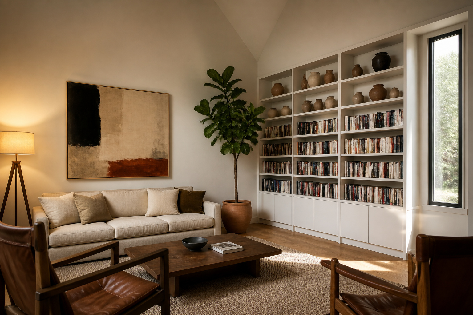 Vaulted ceiling living room with floor-to-ceiling bookcase, oversized canvas art, and tall fiddle-leaf fig showing three approaches to tall wall decor