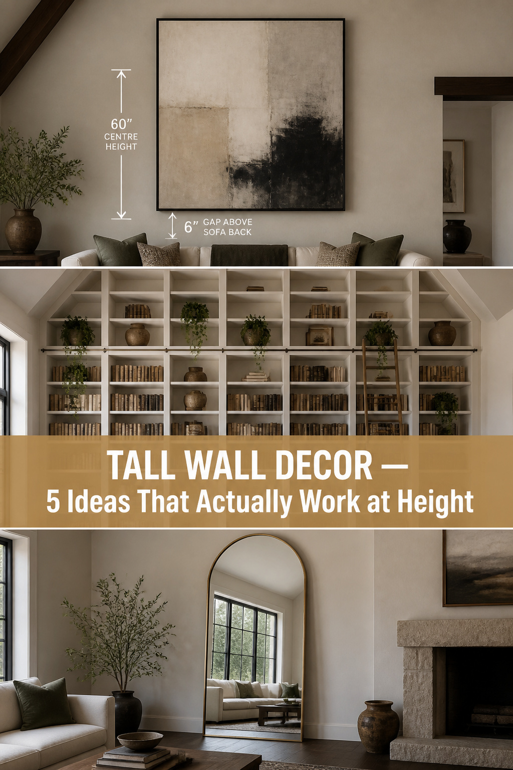 Pinterest guide to tall wall decor ideas showing oversized art placement, floor-to-ceiling shelving, and leaning mirror in vaulted ceiling rooms