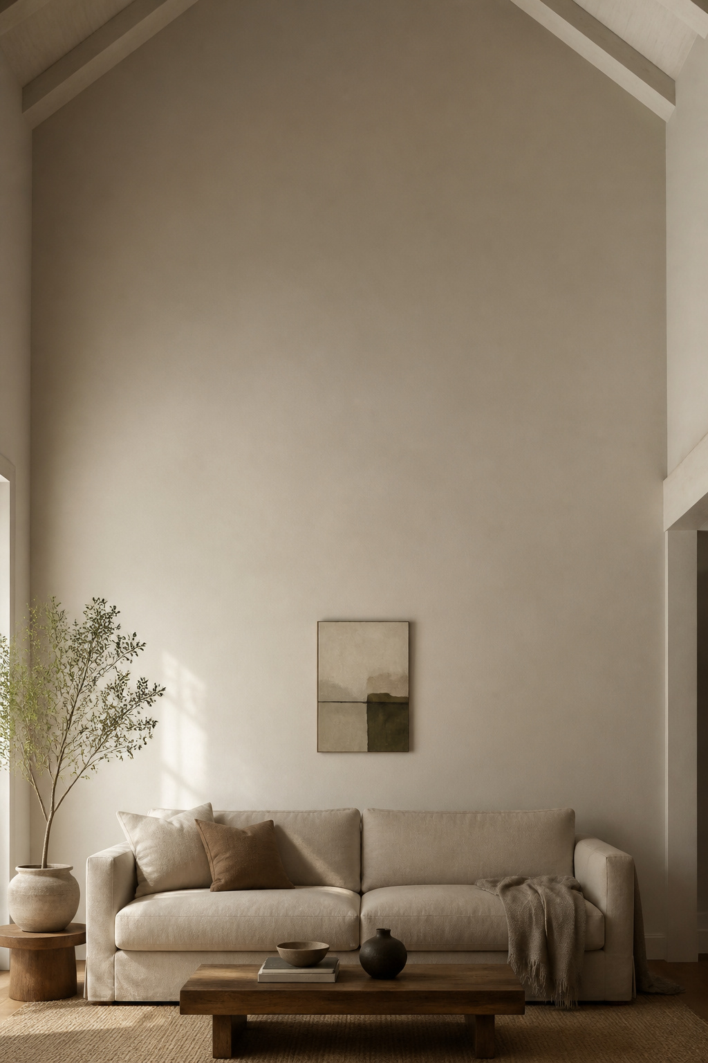 Vaulted ceiling wall showing a small canvas correctly hung at 57 inches but visually lost, illustrating why standard eye-level rules fail on tall walls