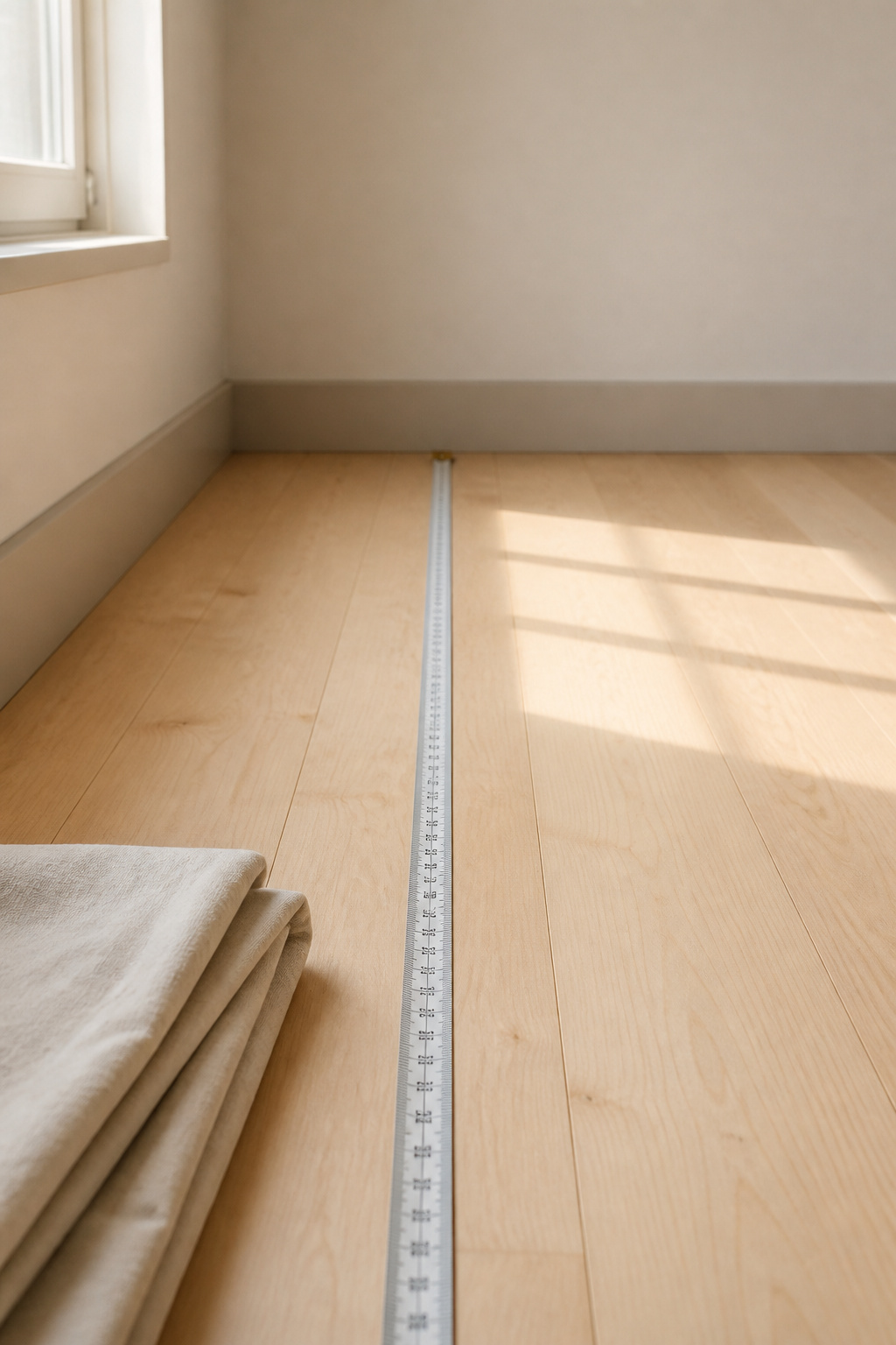 Fabric tape measure stretched across a bare bedroom floor at baseboard height to check the room's true usable width