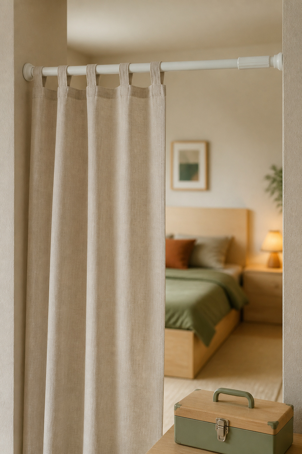 Spring-tension curtain rod braced between two walls holding a no-drill privacy curtain in a shared bedroom
