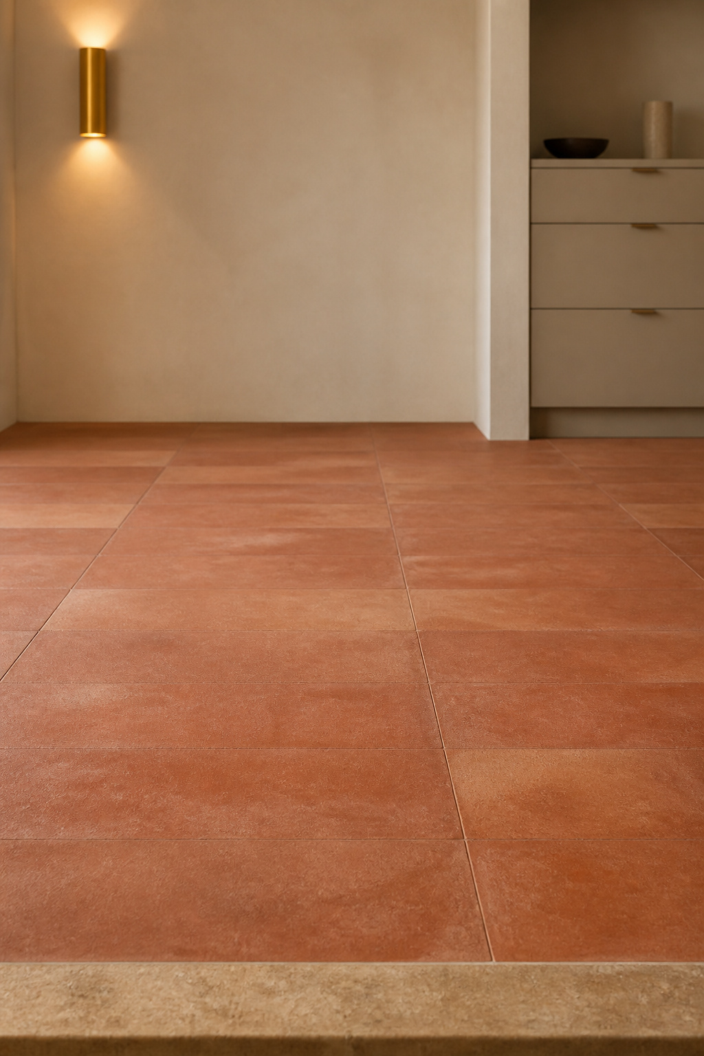 Muted burnt-sienna terracotta kitchen floor tile in a restrained contemporary setting with greige plaster walls, distinct from a rustic farmhouse look