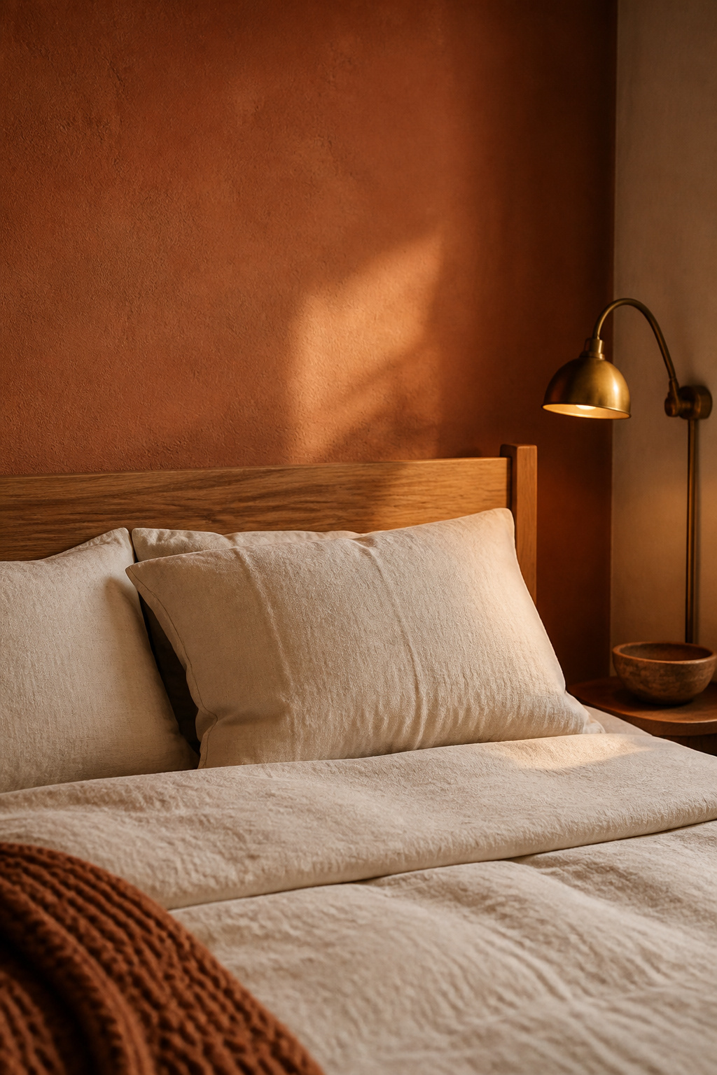 Muted terracotta accent wall behind a honey walnut bed dressed in warm white linen, lit by soft golden afternoon light and an aged brass lamp
