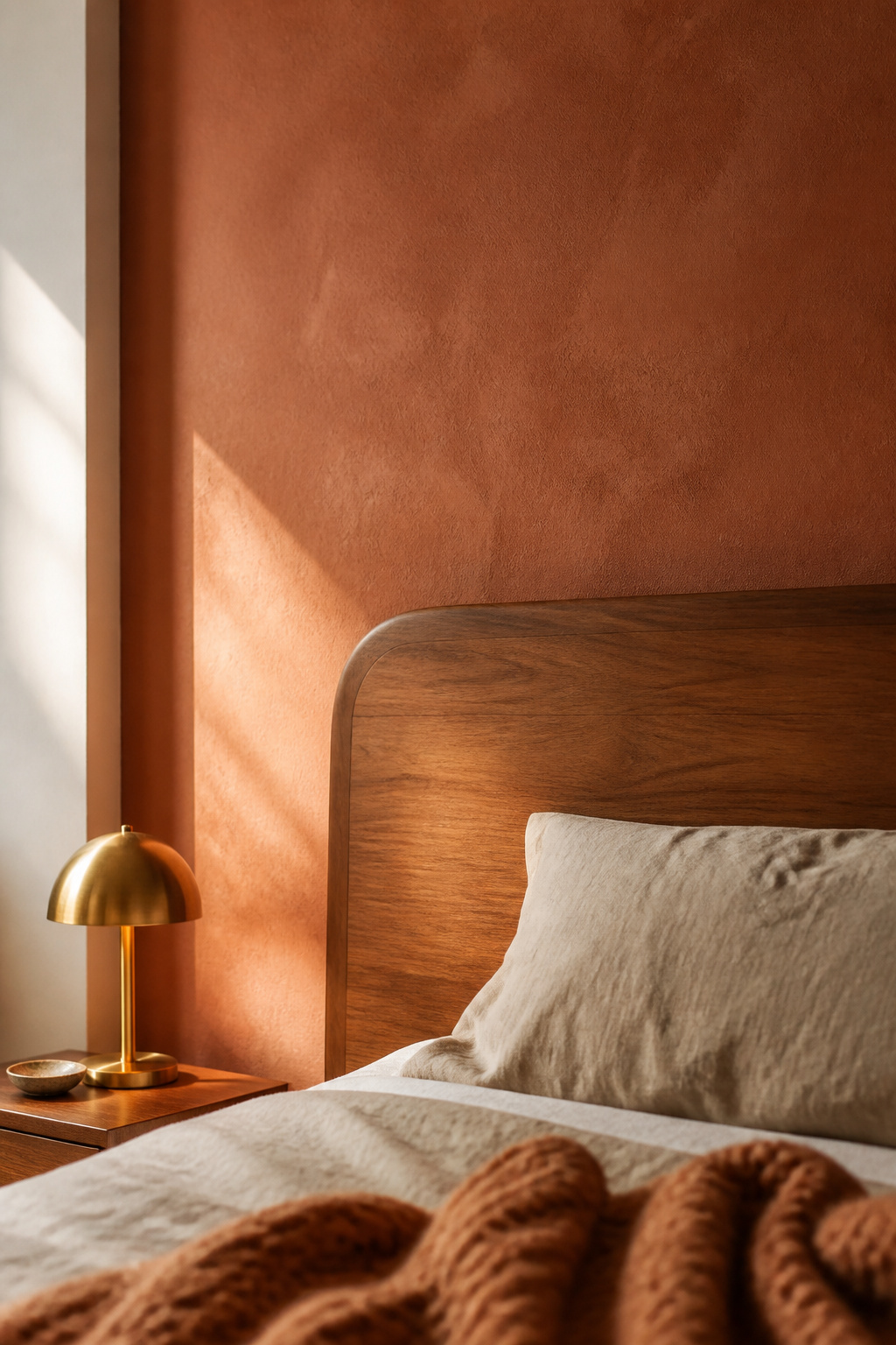 Muted terracotta clay accent wall behind a honey walnut bed frame with a wool knit throw and warm white trim