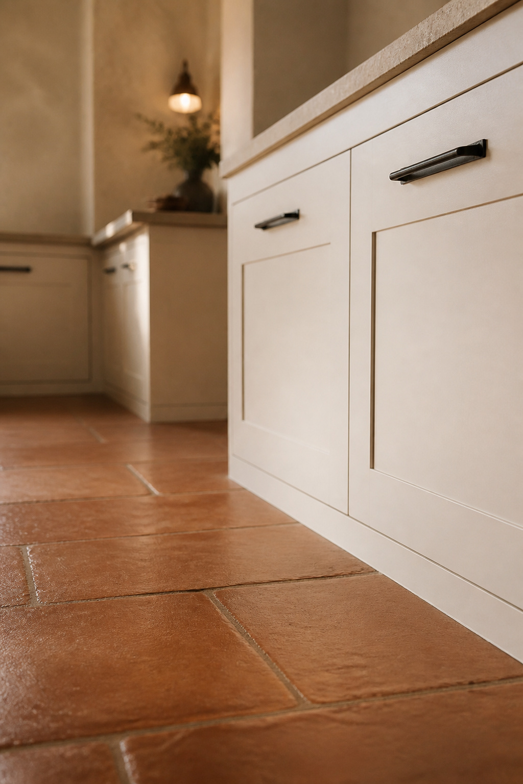 Deep terracotta clay floor tile grounding a run of pale warm-white kitchen cabinetry