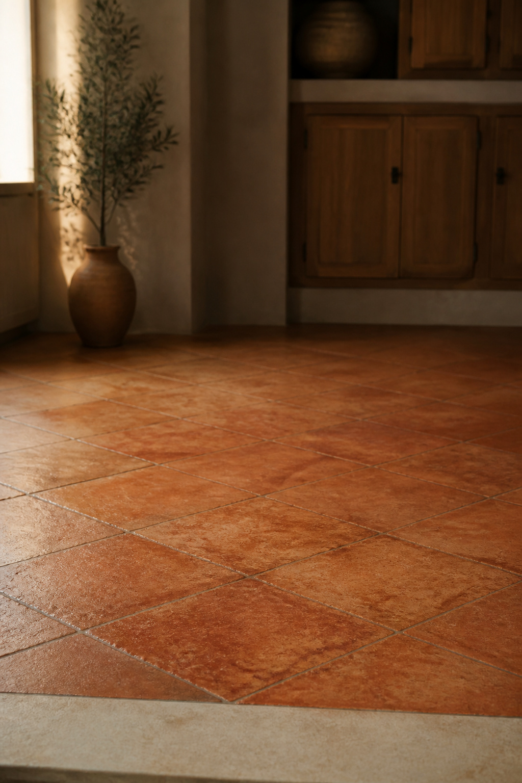 Warm burnt-sienna terracotta kitchen floor tile with a soft golden glow suggesting radiant underfloor heat