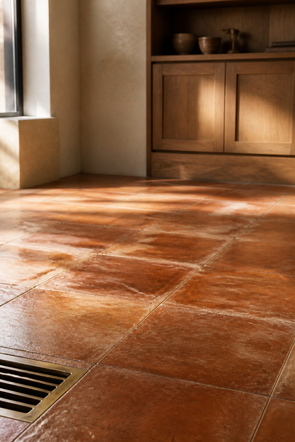 Patinated handmade terracotta kitchen floor tile with warm burnt-sienna variation, photographed at a low floor-forward angle with greige plaster walls and oak cabinetry blurred behind it