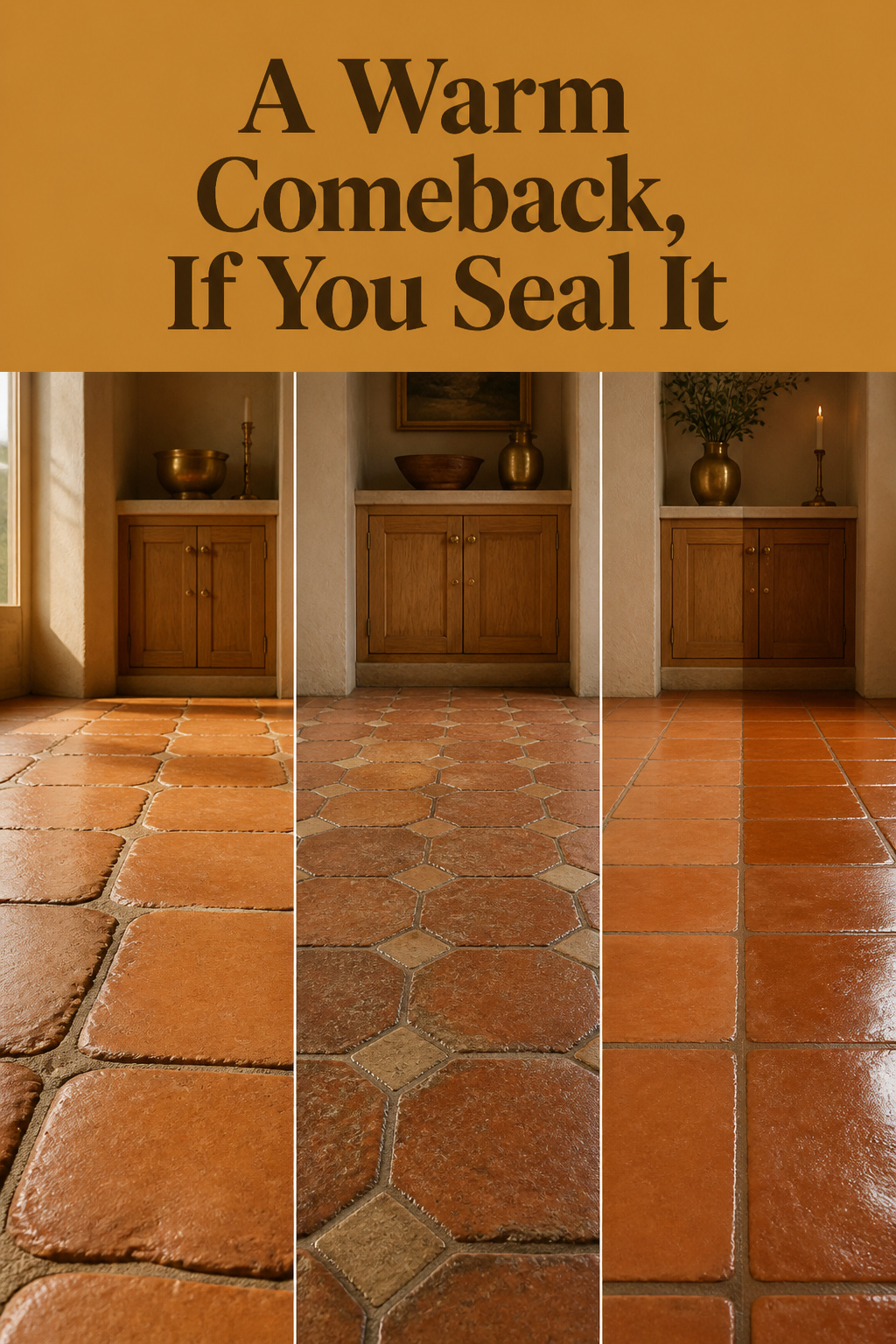 Pinterest collage of handmade terracotta, patinated saltillo, and sealed-versus-unsealed clay kitchen floor tile with headline 'A Warm Comeback, If You Seal It' on a honey ochre band
