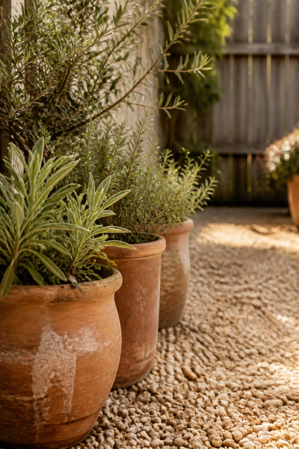 Row of terracotta pots with sage and olive planting along the edge of a small buff gravel patio
