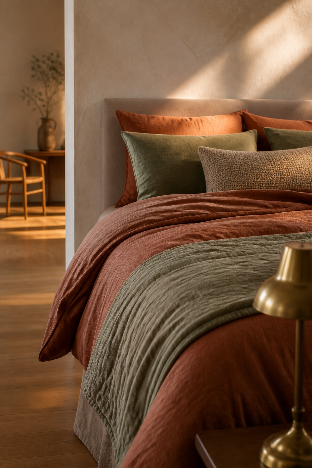 A bed layered in terracotta and sage textiles coordinated with a warm oatmeal bedroom wall