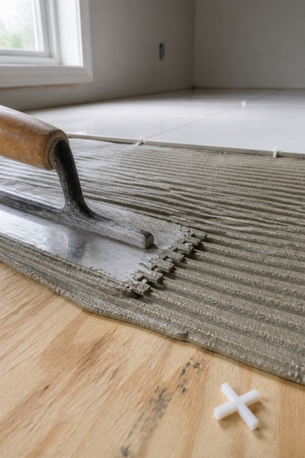 A square-notch trowel spreading grey thinset mortar at a 45-degree angle on an entryway subfloor, showing clean parallel ridges ready for tile