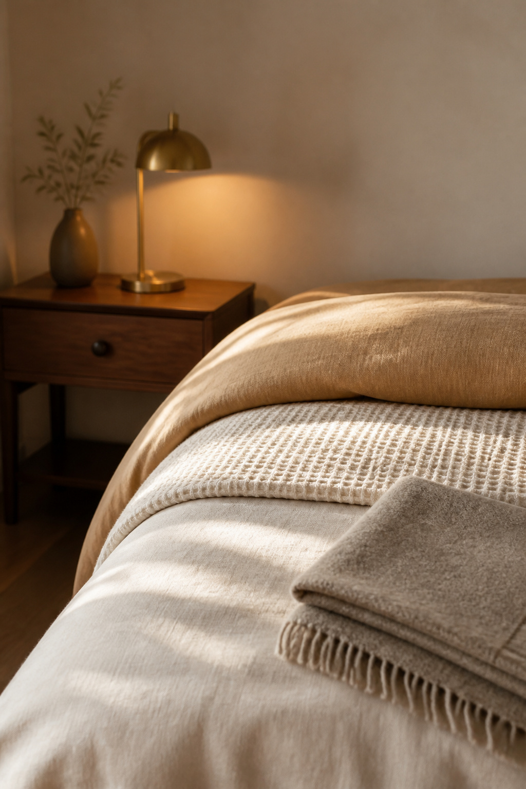 A simply layered bed with just sheet, blanket and duvet, styled as an uncluttered starting point