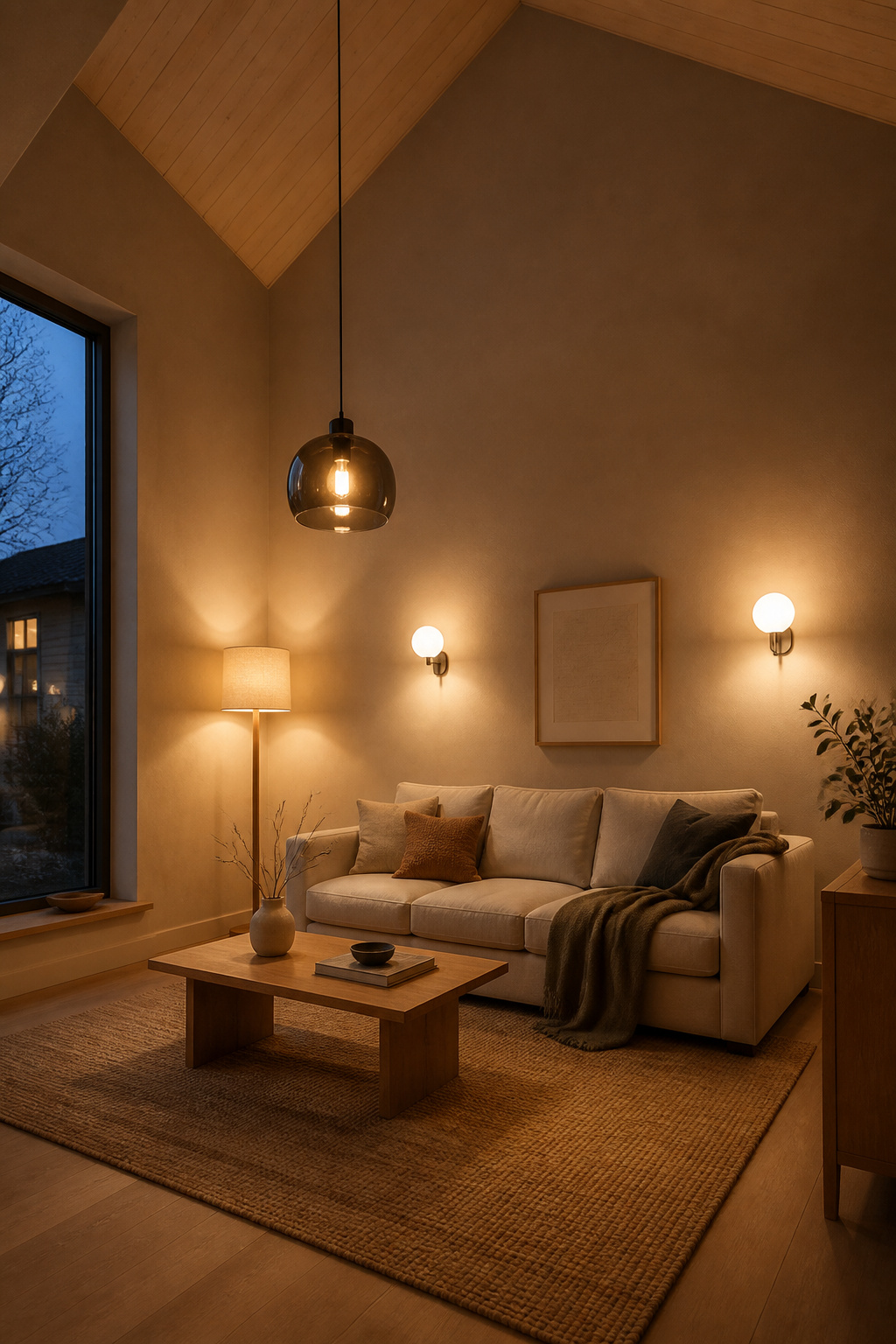 Small high-ceiling living room at dusk with three-level lighting: dropped pendant at 7 feet, ceramic globe wall sconces at mid-height, and linen floor lamp in corner