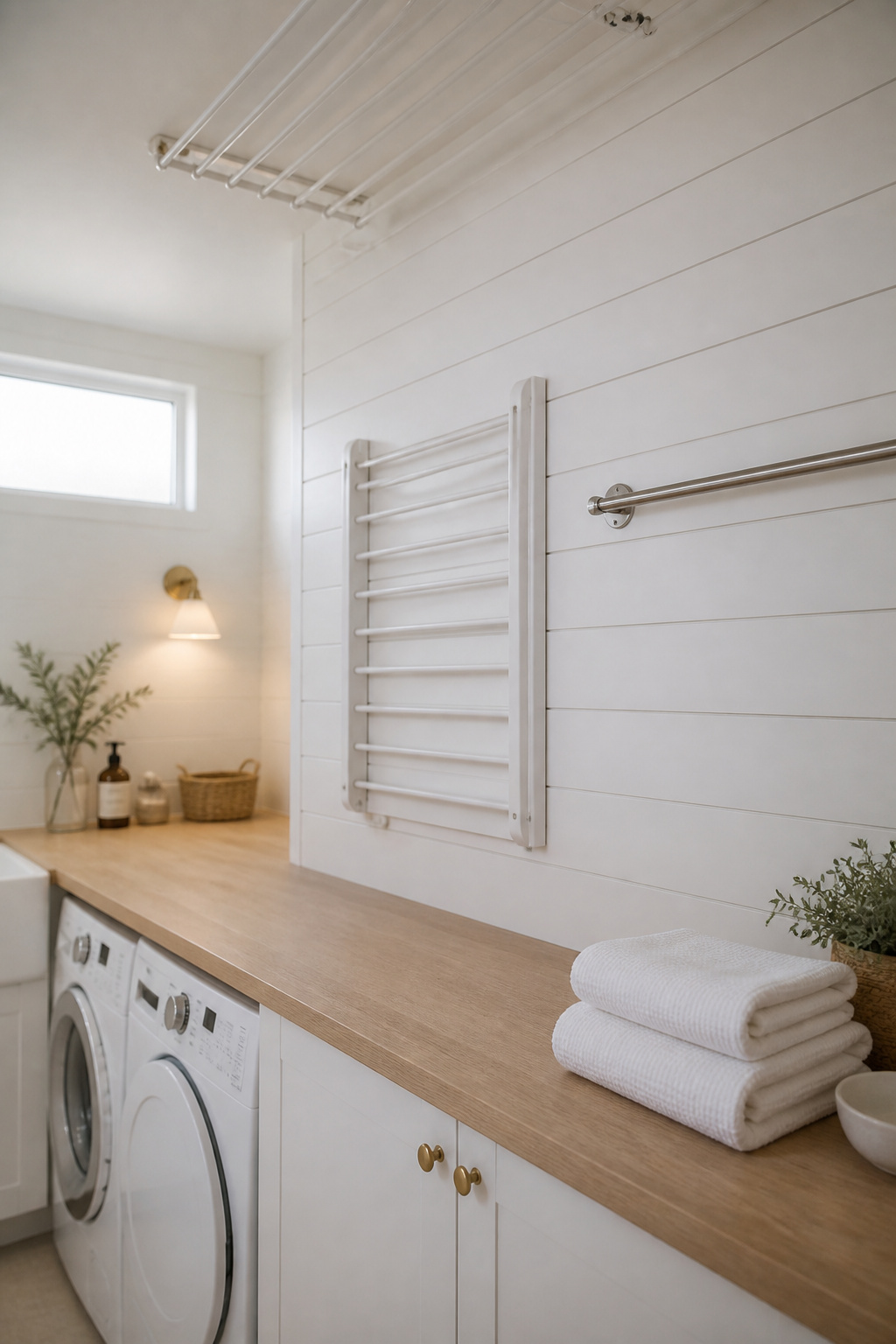 Compact white Scandinavian laundry room with ceiling airer raised, fold-down rack stowed flat, and stainless wall rod visible as three co-existing drying systems