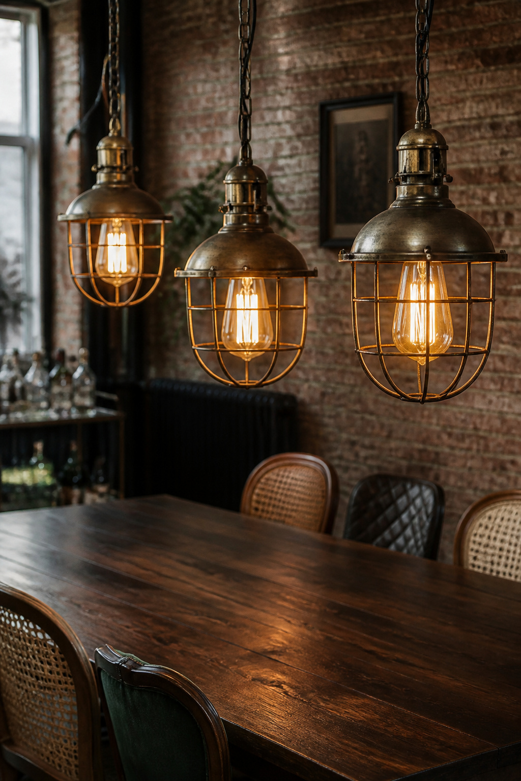 Three aged brass industrial pendant lights at staggered heights over a long dark walnut dining table in an eclectic brick-walled dining room